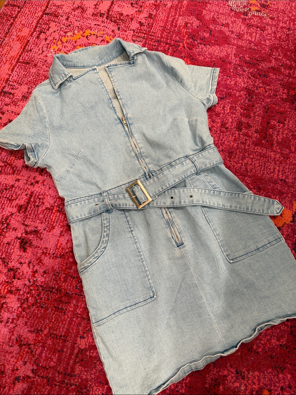 Light Blue Denim Belted Dress